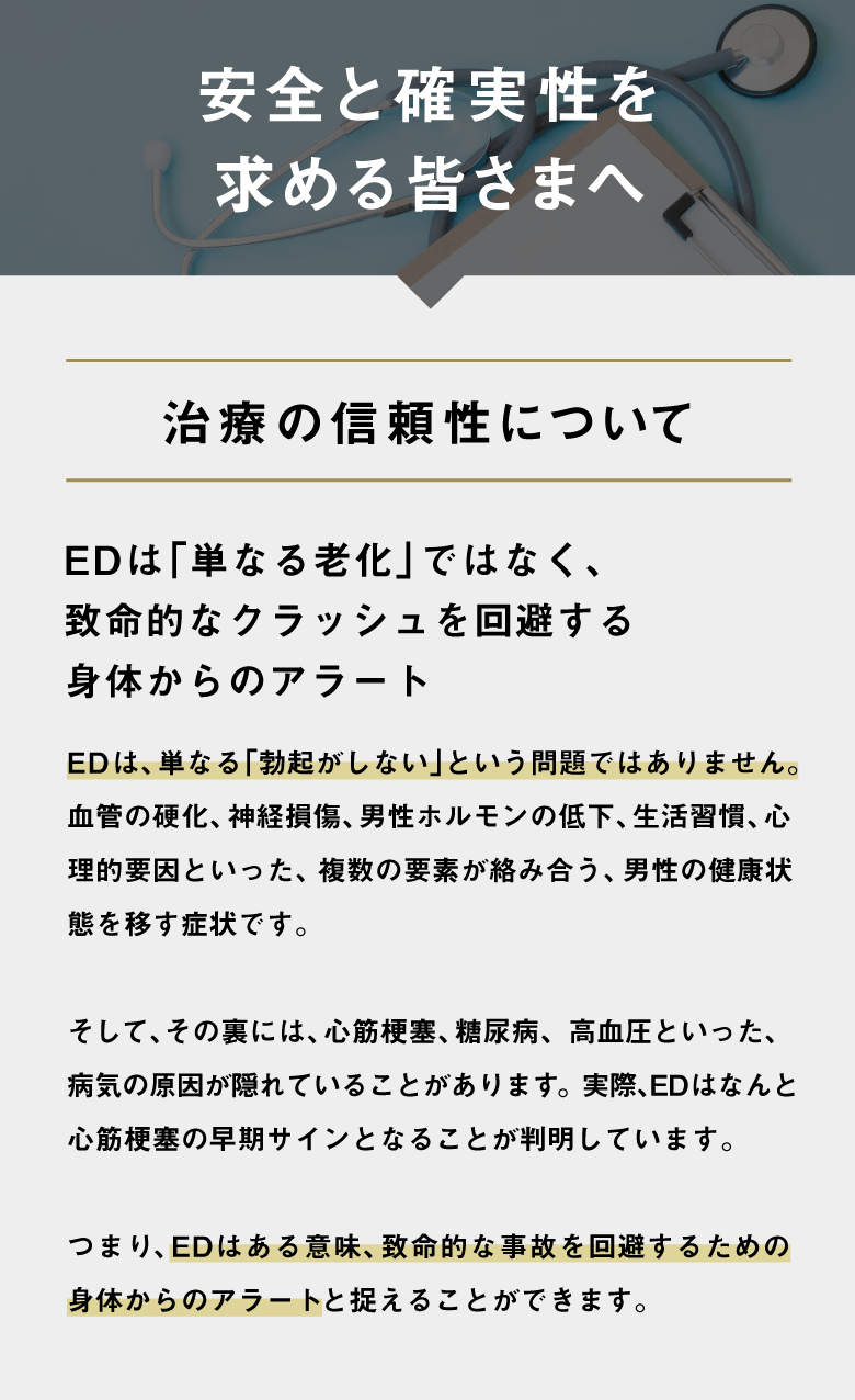 安全と確実性を求める皆さまへ EDはある意味、致命的な自己を回避するためのアラートと捉えることができます