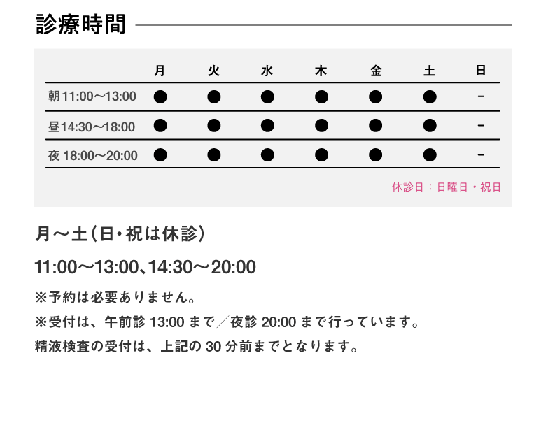 月～土（日・祝は休診） 11:00~13:00、14:30~20:00