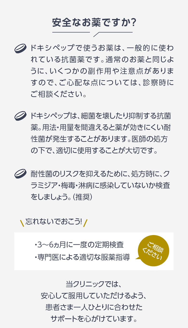 当クリニックでは、安心して服用していただけるよう、患者さま一人ひとりに合わせたサポートを心がけています。