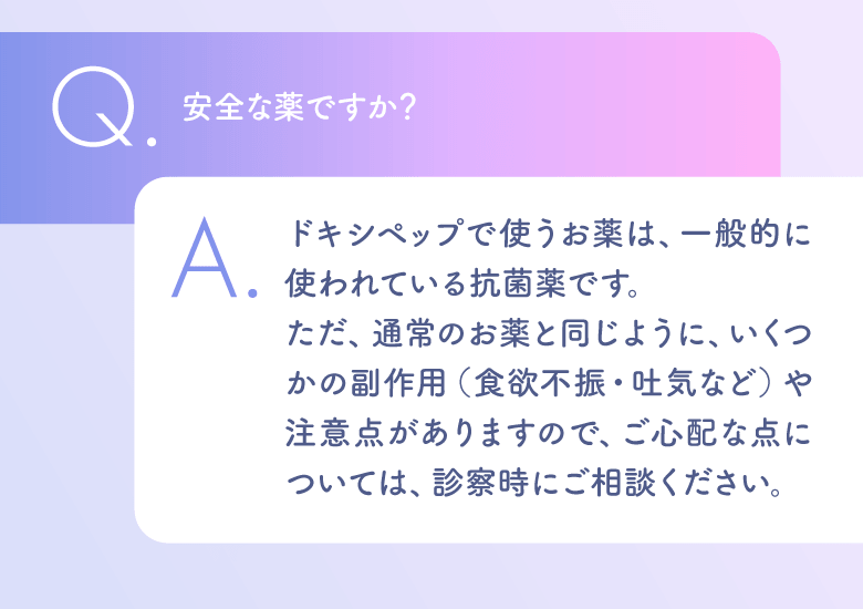 Q.安全な薬ですか？A.一般的に使われている抗菌薬です。