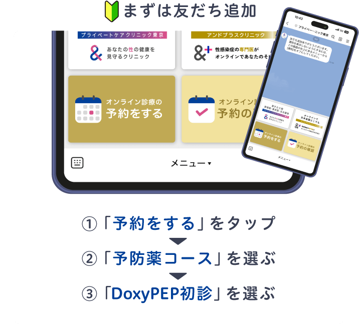予約手順は、「予約をする」をタップし、「予防薬コース」を選択。「DoxyPEP初診」を選択。